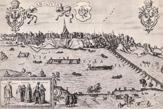 Warszawa po 1586, drzeworyt Abrahama Hogenberga według rysunku Jakuba Hofnagla
